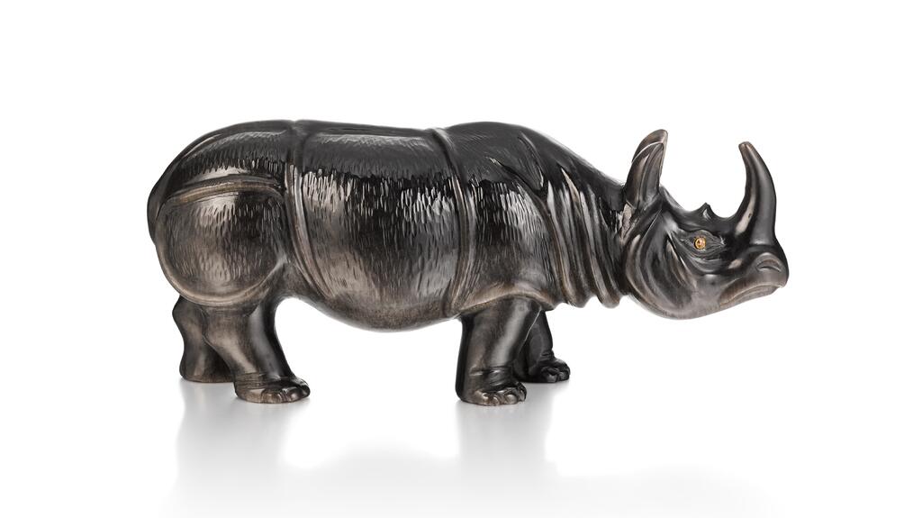 This obsidian rhinoceros, St. Petersburg, circa 1900, was potentially inspired by Albrecht Dürer’s inaccurate print, “A Rhinoceros,” of which there has been a woodcut print in the Royal Collection since circa 1810, according to the auction house. Fabergé rhinoceros